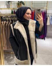deri detay yelek ekru siyah 2